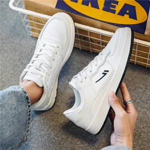 Stylish white men's breathable casual board sneakers with a minimalist side logo design