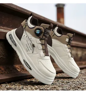 Detailed view of high-top men's sneakers featuring a unique rotating buckle closure