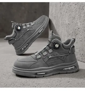 Detailed view of grey men's high-top sneakers featuring a rotating buckle and thick sole