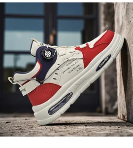 Detailed side view of trendy red and white high-top sneaker featuring a mechanical rotating buckle