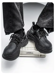 Detail of black men's chunky derby shoes with unique woven texture upper