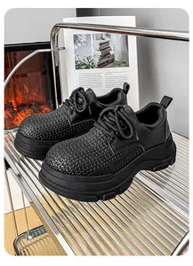Macro view of black men's chunky derby shoes featuring a woven texture design.