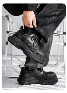 Close-up of men's chunky black derby shoes with thick soles and woven texture.
