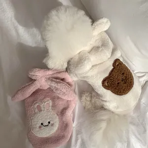 Soft fleece pet sweaters featuring cute embroidered bear and bunny patches for small dogs