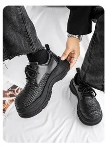 Detailed view of men's black thick-soled derby shoes with unique woven texture and chunky platform.