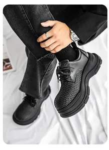 Close-up of men's black chunky derby shoes with woven texture and platform sole.