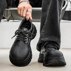Men's Chunky Derby Shoes Platform Increased British Style Round Toe Braided Texture Casual Synthetic Leather Shoes For Daily