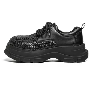 Men's stylish black chunky sole derby shoes featuring unique woven leather texture and platform