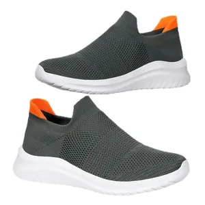 Lichtgewicht grijze ademende mesh slip-on hardloopschoenen voor heren met oranje detail