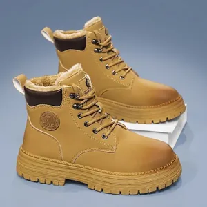 Men Leather High Top Work Boots Winter Warm Fleece Lined Thick Sole Motorcycle Boots Retro Yellow Boots For Outdoor