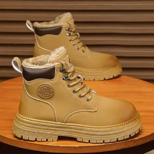Winter men's high-top work boots with warm fleece lining and thick rubber sole