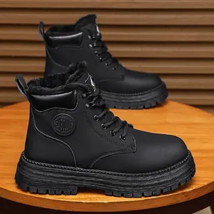 Black men's high-top winter boots with warm fleece lining and durable thick soles