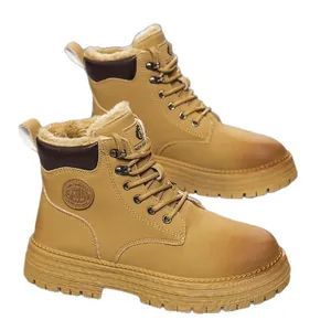 Men's high-top leather work boots with warm fleece lining and thick non-slip soles