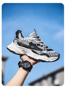 Detailed side view of premium silver mesh chunky dad sneakers for men outdoor running