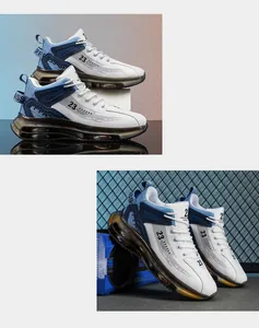 Detailed view of white and blue high-top basketball shoes with thick air cushion sole