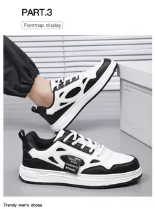 Vista del pie y lateral de zapatillas de skate para hombre de moda en blanco y negro