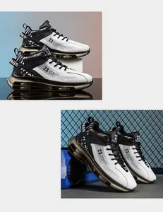 Detailed views of men's high-top basketball shoes with full-length air cushions