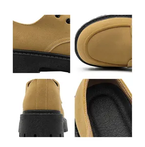 Dettaglio macro di scarpe Derby scamosciate retrò con suole spesse e cuciture