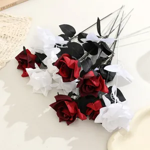 Rose Artificielle Gothique Sombre Branche Unique Soie Noir Rouge Blanc Rose Pour Ambiance de Fête d'Halloween Décoration Intérieure