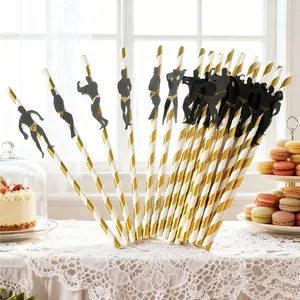 Gold and white striped paper straws with funny muscular man silhouette for party decorations.