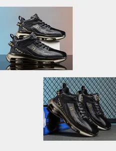 Professional studio shots of high-top men's basketball sneakers with gold air cushions