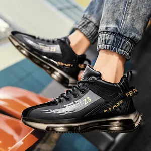 Stylish high-top black basketball shoes with air cushion sole and gold 23 pattern design