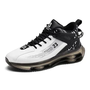 Premium men's high-top basketball shoes with visible air cushion sole in black and white