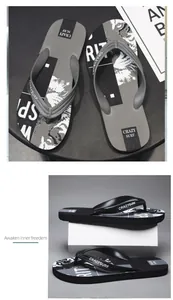 Detailansichten von rutschfesten Herren-Flip-Flops mit Graffiti- und Surf-Mustern.