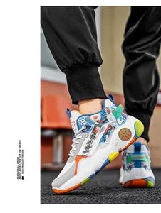 Detailed view of high-top basketball sneakers featuring dynamic prints and multi-color sole