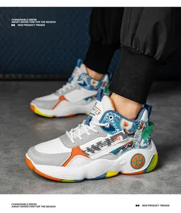 High-top basketball shoes for men featuring vibrant orange accents and side graphics