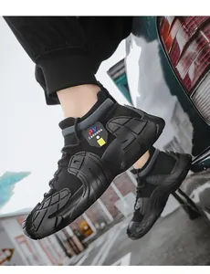 Black breathable fly-knit sneakers for men with thick sole and street style detail