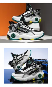 Detail shot of high-top basketball shoes with anime graphics and teal accents.