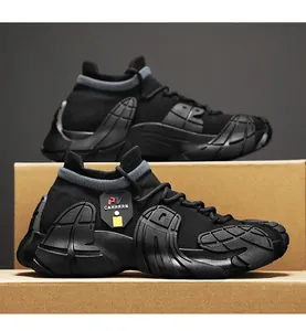 Detailed side view of breathable black flyknit running shoes with a chunky modular sole