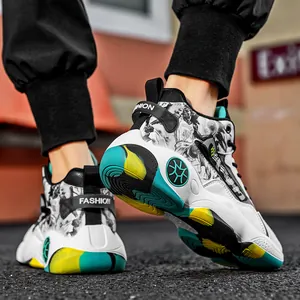 Men's high-top basketball shoes with manga graphics and colorful soles