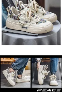 Gedetailleerde weergave van chunky beige herensneakers met patroonaccenten.