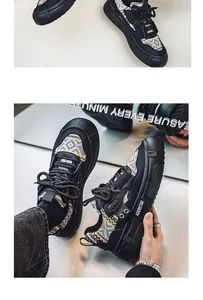 Gedetailleerde close-up van zwarte chunky herensneakers met geometrische patroonstof