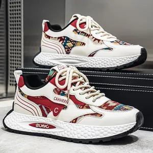Herren Dicke Sohle Chunky Sneakers Retro Ethno Muster Patchwork Leder Mesh Atmungsaktiv Low Top Casual Sport Dad Schuhe Für Herren
