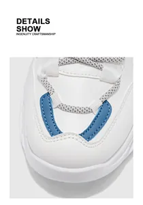 Nahaufnahme weißer Chunky-Sneaker mit blauen Lederdetails und sehr feinen Nähten.