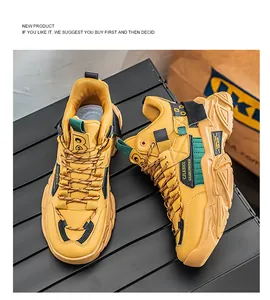 Detailansicht trendiger gelber High-Top-Chunky-Sneaker mit einer dicken Plateausohle