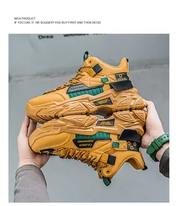 Moderne, hochgeschlossene, klobige Herren-Sneaker in Senfgelb und Grün mit dicken Plateausohlen