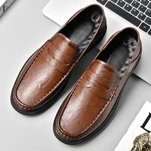 Classic brown soft leather men's loafers with flexible sole for casual daily driving