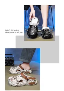Detailed view of men's non-slip clogs with camouflage and marble patterns for summer
