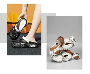 Close-up of men's summer camouflage clogs with branch patterns in black and white.