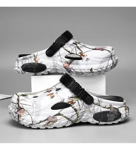 Close-up detail showing the white camouflage pattern on men's non-slip garden clogs