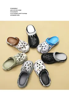 Variety of camouflage and solid color men's sport clogs in a circular layout display