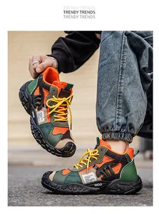 Detalle de zapatillas altas para hombre con paneles vibrantes en verde y naranja de moda