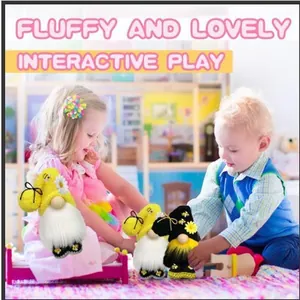 Children playing with soft plush bee gnomes featuring fluffy white beards in playroom