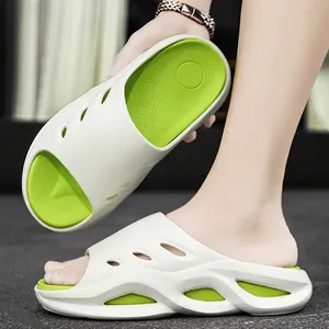 White and green men's thick-soled casual beach slides with breathable hollow design