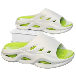 Men's trendy thick-sole sports slides in white and neon green for casual beach wear