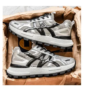 Κοντινό πλάνο από ασημί mesh chunky sneakers με χοντρή σόλα σε χάρτινο κουτί